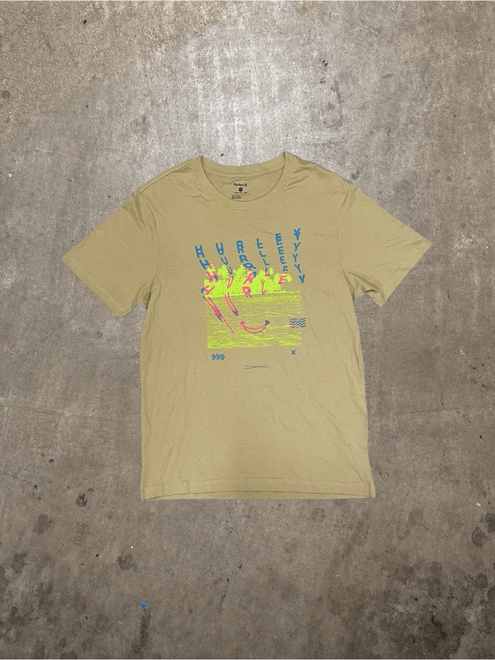 Hurley Trippy Neon Graphic Print Short Sleeve T-Shirt Khaki M Y2K Era